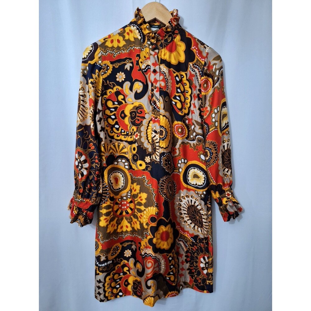 J. Crew 100% Silk Shift Dress Sz Small Floral Paisley Button Long Sleeve Retro